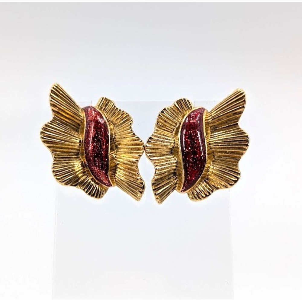 Vintage Avon Gold Tone Red Glitter Ruffled Earrings Ribbed Sparkly Statement 80s